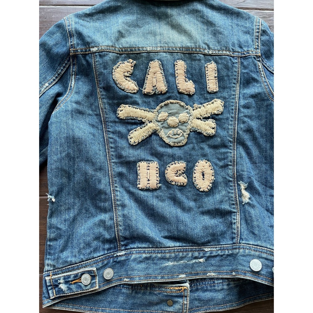 Hollister L Blue Distressed Denim Trucker Jacket CALI HCO Skull Back